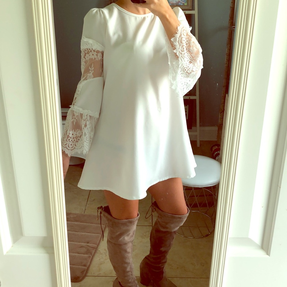 White boho flare sleeve mini dress